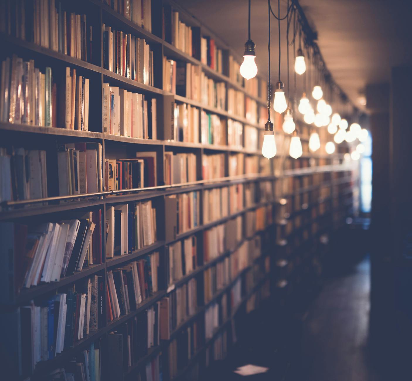 Rows of bookshelves in a cozy library with warm ambient lighting. Perfect for learning and knowledge themes.
